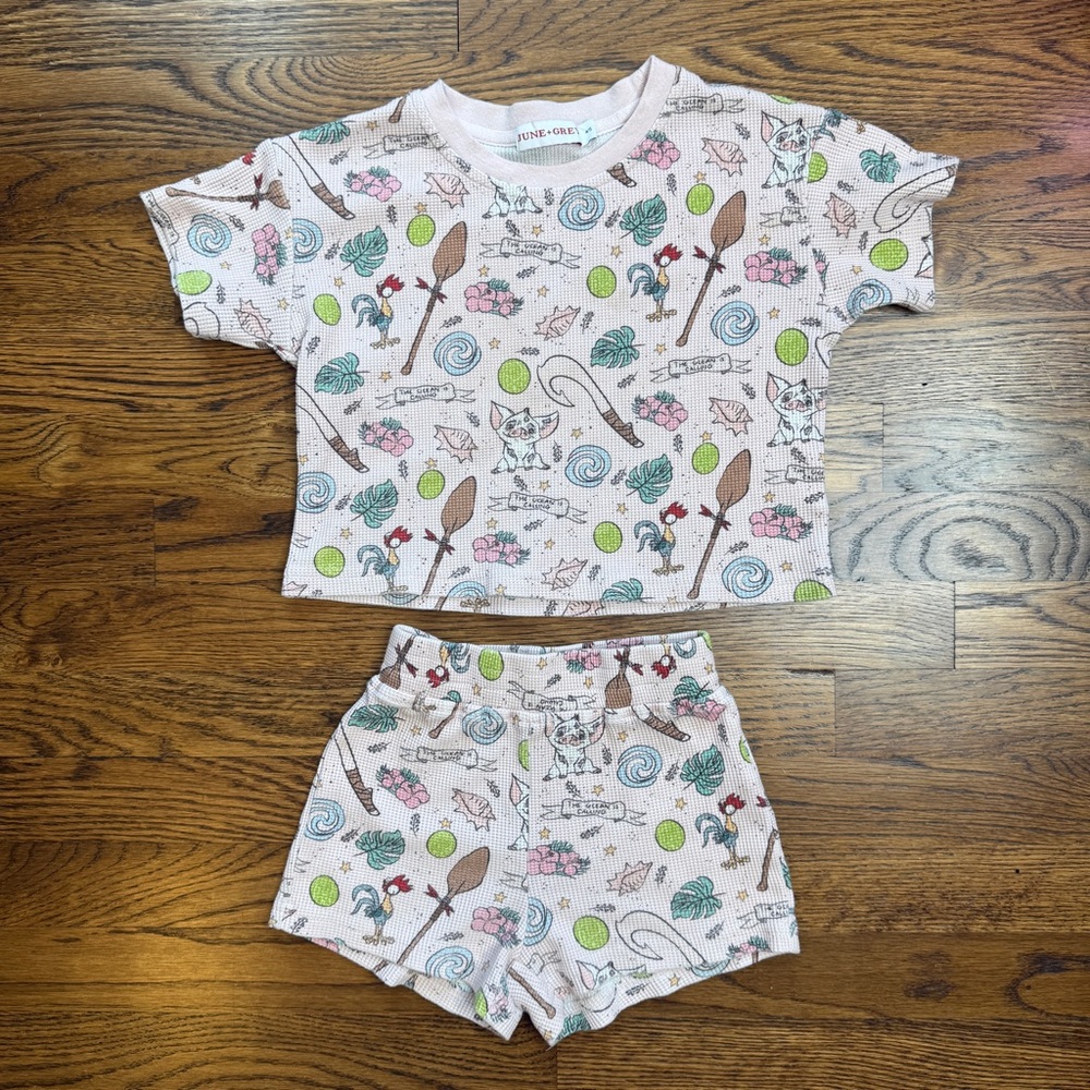 June + Grey Girls Disney Moana Waffle Knit Pajamas / Short Set Pua Heihei 4-5